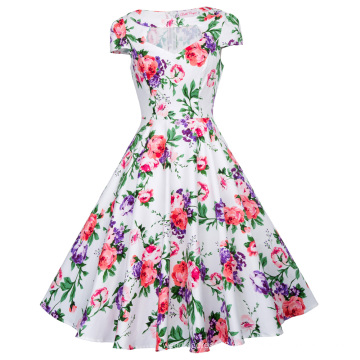 Belle Poque ahuecado de manga corta de impresión floral de estilo Vintage vestido de algodón 50s BP000008-11